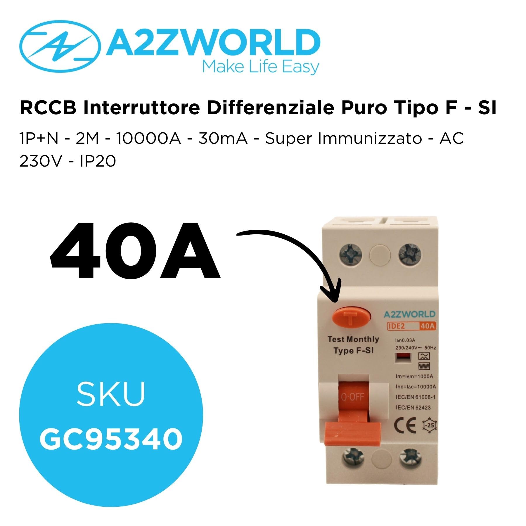 Disjoncteur différentiel Type F-SI super immunisé 40A 30mA 1P+N 10kA 2 modules