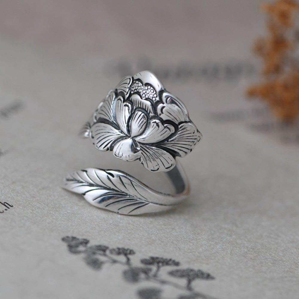 HGJH Anelli d'Argento,Anello Regolabile per Donna retrò Invecchiato Moda Peonia Fiore Incisione Anello per Dito Indice Eternità FEDI Nuziali Anelli di Promessa per Ragazze Signore