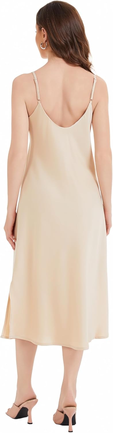 J.Corrine Women's Satin Slip Dress Lined V-Neck Midi A-line Spaghetti Strap Side Slits Evening Cocktail Party Formal Wear - Image 2