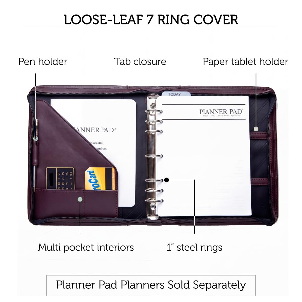 Planner Pad Couverture à 7 anneaux en cuir reconstitué, convient uniquement aux pages Planner Pad de 21,6 x 27,9 cm, bordeaux