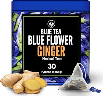 BLUE TEABlue Flower Ginger Tea Bags - 30 Pyramid Tea Bags || ANTI-INFLAMMATORY || Iced Tea, Mocktail, Cocktails | Eco-Friendly Tin Packaging |