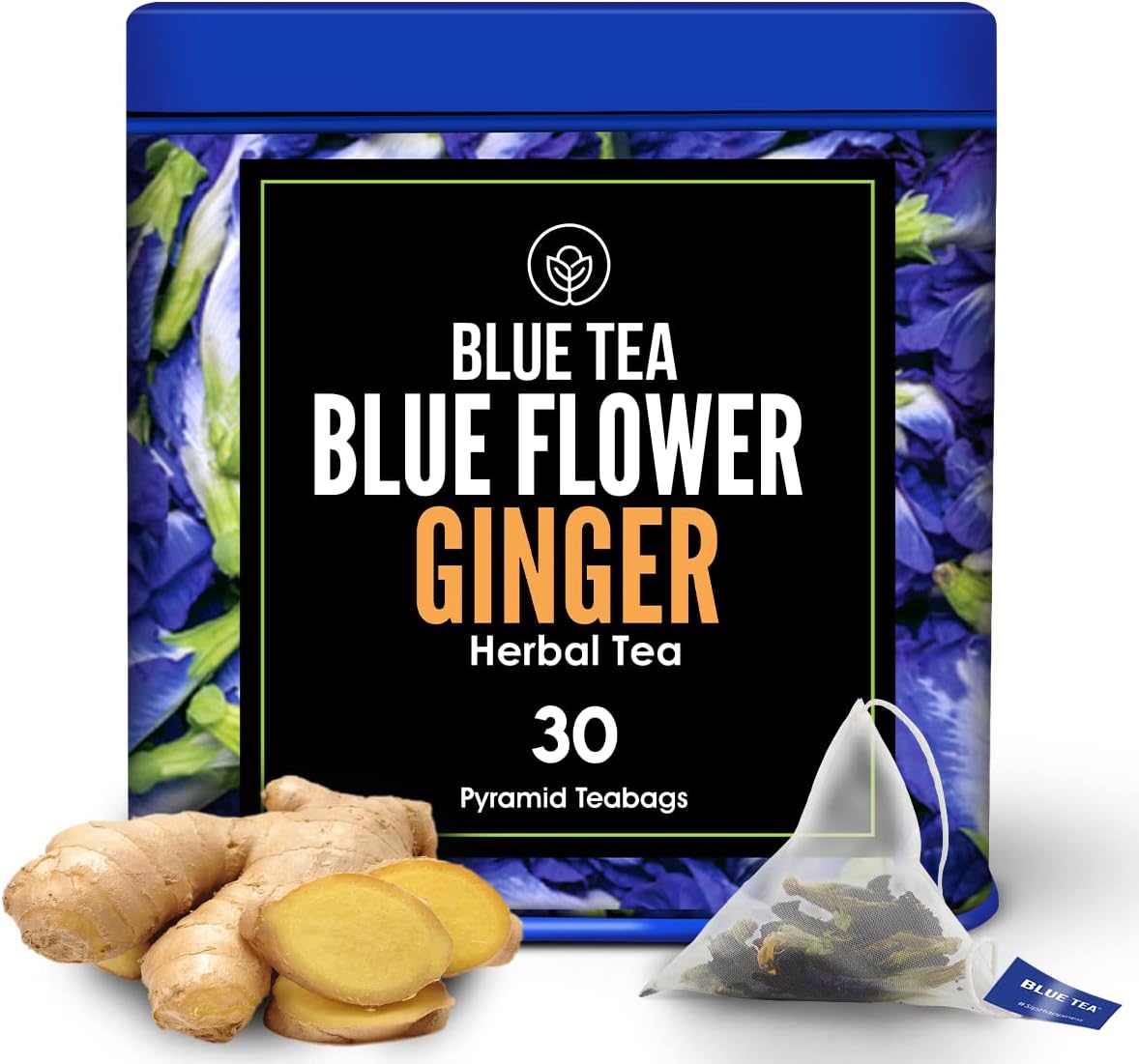 BLUE TEABlue Flower Ginger Tea Bags - 30 Pyramid Tea Bags || ANTI-INFLAMMATORY || Iced Tea, Mocktail, Cocktails | Eco-Friendly Tin Packaging |