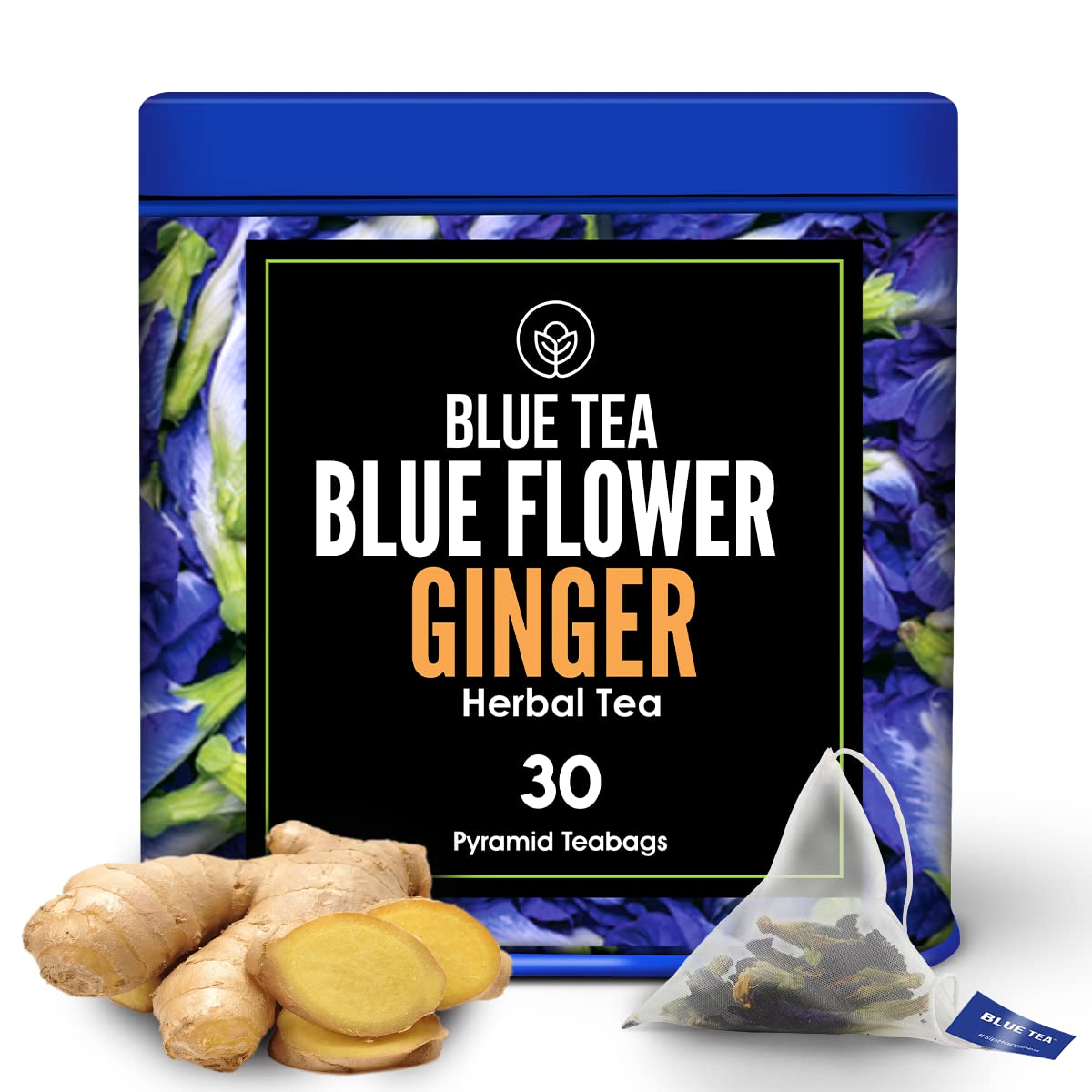 BLUE TEA - Butterfly Pea Flower Ginger - 30 Tea Bags | ANTIOXIDANT RICH | Aparajita - Shankhpushpi | Detox Tea - Flower Based - Herbal Tea - Caffeine Free | Featured In Shark Tank | Tin Pack