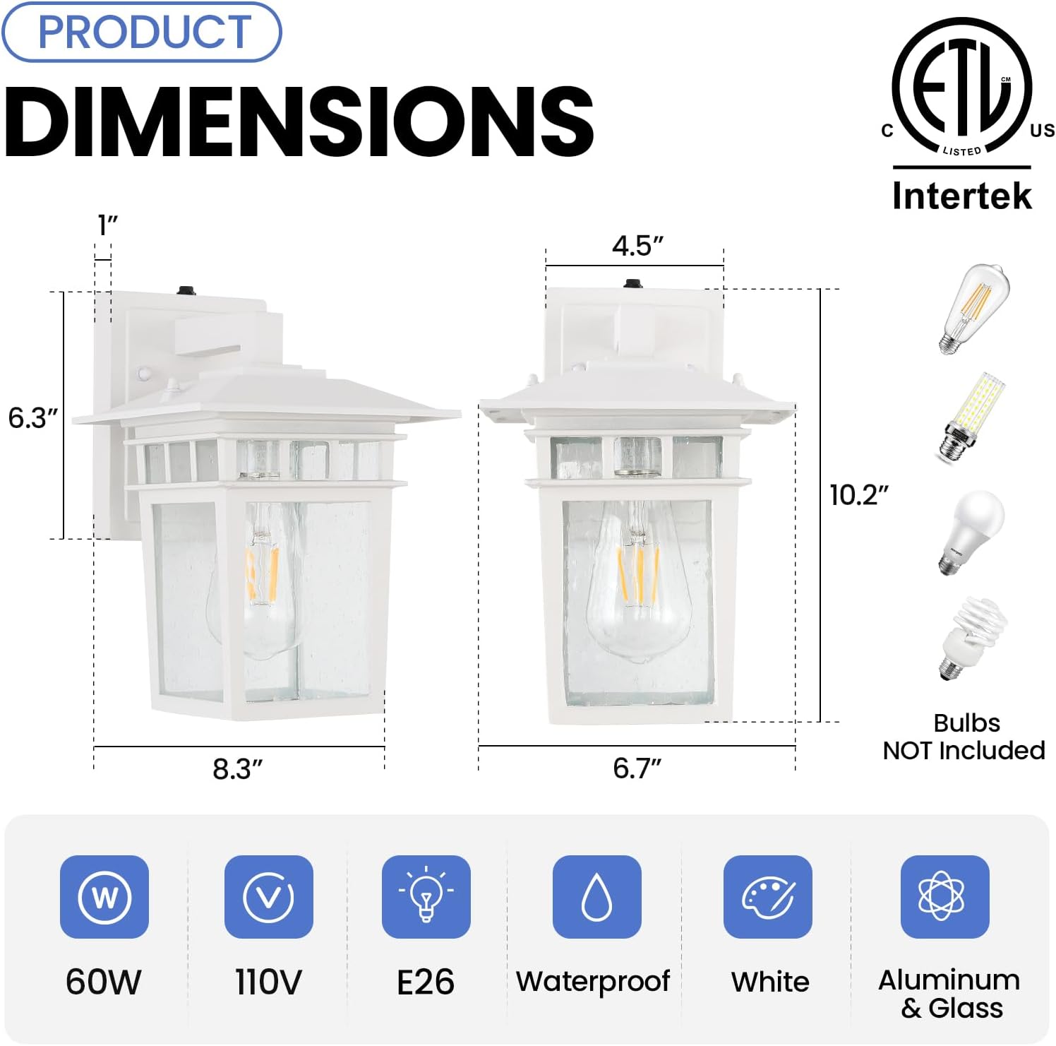 Outdoor Lighting Fixtures Wall Mount, Dusk to Dawn Exterior Wall Sconces Set of Two, White Outdoor Porch Lights with Seeded Glass for Garage Front Door House