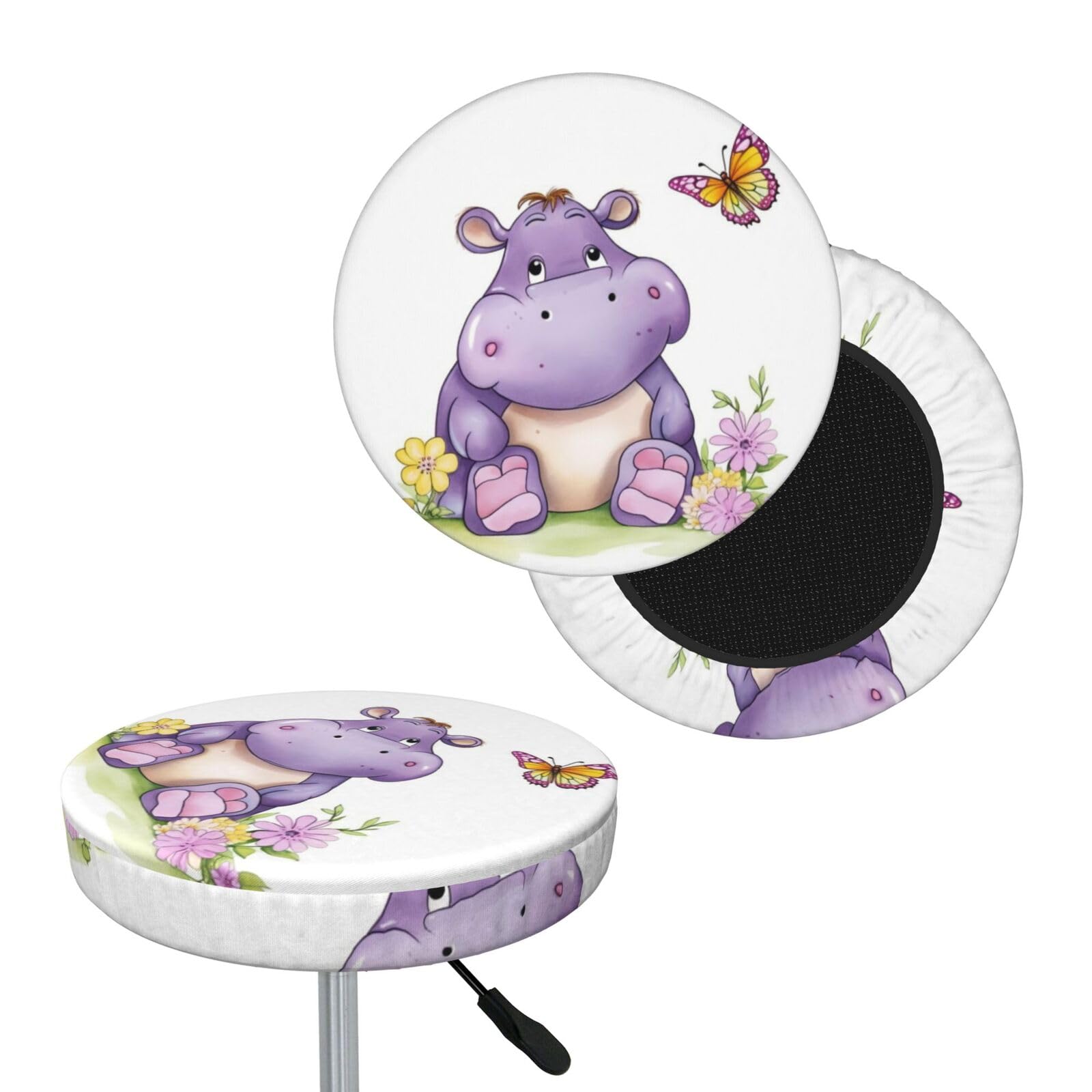 NONHAI Butterfly and Hippo Bar Stool Cover Round Elastic Stool Cushion Covers Dustproof Bar Chair Cover Washable Stool Cushion Slipcover Stretch Stool Seat Covers for 12-14 Inch Chair