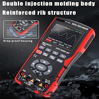 3-in-1 Handheld Digital Oscilloscope Multimeter with Signal Generator, Automatic Range, Battery Powered, Red, for Automotive and Electrical Diagnostics