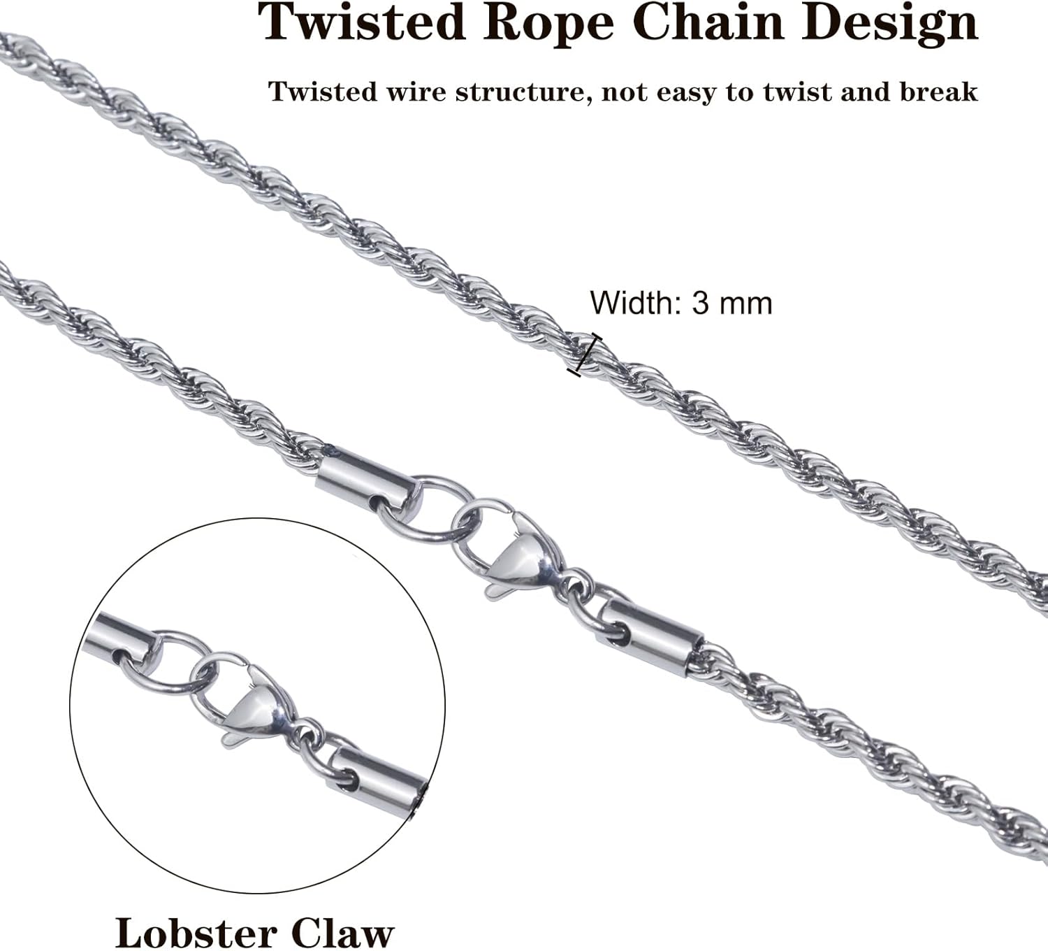 QISHENG 3mm Rope Chain for Men, Stainless Steel Silver Rope Chain for Women Men Wearing in Various Occasions and Silver Necklace Chain Length of 16 18 20 22 24 26 28 30 Inch - Image 2