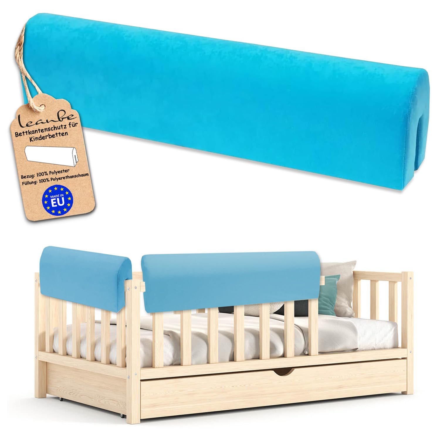 Leanbe Bettkantenschutz für Kinderbetten Kissen für bettumrandung Rausfallschutz Abdeckung Kantenschutz für Babybett (BLAU Mikrofaser, 120cm)