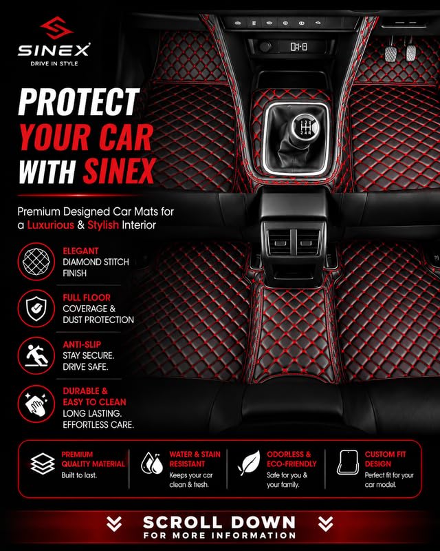 Image of SINEX 7D car mat Full Set for Maruti Suzuki Victoris (Model : 2025) || Luxury Leather Double Car Floor Mat Complete Set || 100% Waterproof and Washable || Color : Black-Red