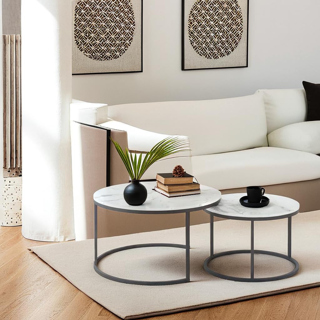 Set di tavolini rotondi (2 pezzi) in marmo, due in uno, adatti per soggiorno, lounge, home office e terrazze ⌀80cm e ⌀60cm