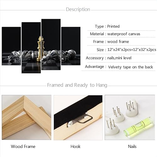 Miniatura 5 de Sechars  Juego de 4 piezas de lienzo de impresión de ajedrez King gana juego de póster moderno de oficina para decoración de pared de aula, estudio