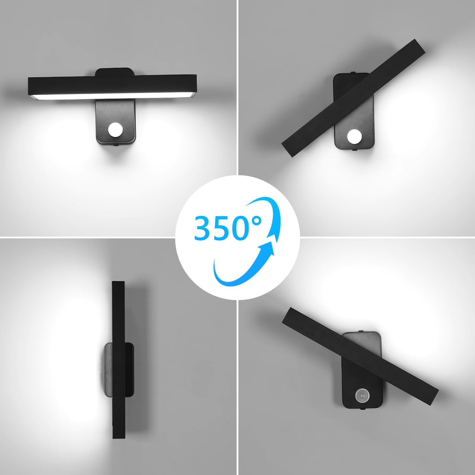 Comely 17W Lampa Zewnętrzna Z Czujnikiem Ruchu, Zewnętrzny Kinkiet Z Obracanym Panelem LED O 350°, IP65 Oświetlenie Ścienne Na Wejście Taras, Zimna Biel 6500K, Czarny