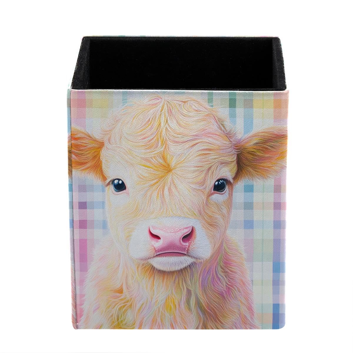 HEOEH Cow Pen Holder Pen Pot, Square Pencil Cup for Desk