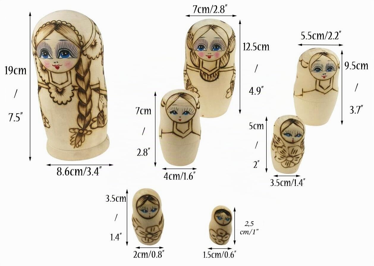 Winterworm Lot de 7 longues tresses pour fille Matriochka Poupées Babushka Poupées gigognes traditionnelles russes en bois Jouet empilable Cadeau pour enfants