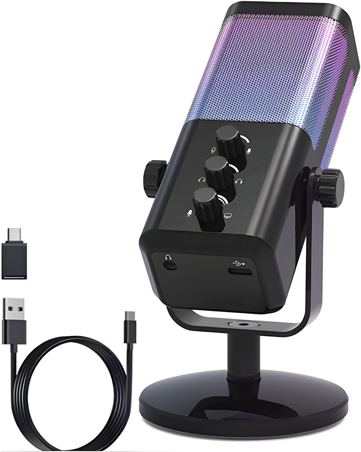 USB Computer Microphone 3 Control Knobs Color Lighting Effects Noise Reduction for Podcasts Video Conferencing Plugs Play USB Microphone for Podcast