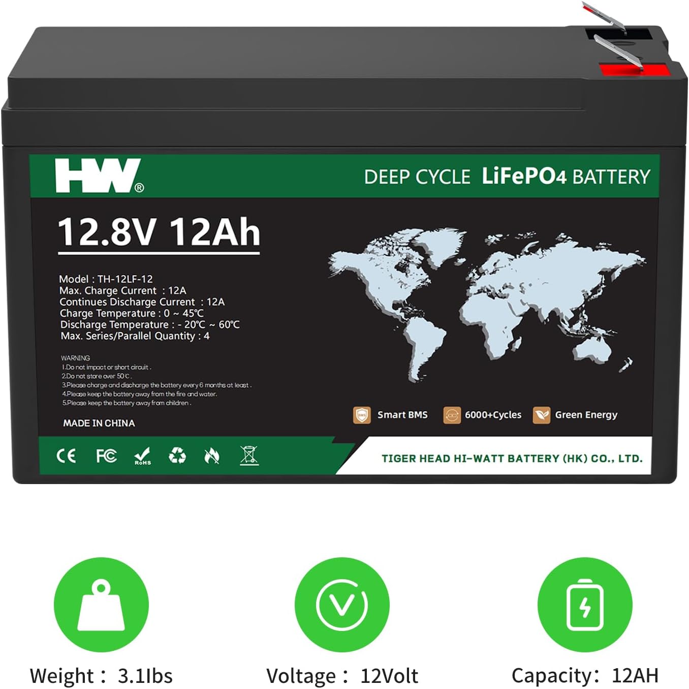 HW 12V Lithium Battery 12Ah, Rechargeable 12V LiFePO4 Batteries, 6000+ Deep Cycles, 12A Built-in BMS, Low Self-Discharge Rate for RV, Power Wheels, Fish Finder