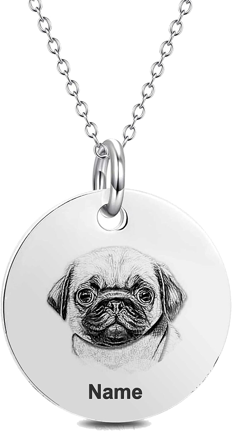 Coin Round Pet Pendant for Girls Women Dog Circle Disc Sterling Silver Necklace Personalized Cat Mom Gifts Memorial Memory With Picture Jewelry Photo Customized Necklaces Engraved Custom Chain