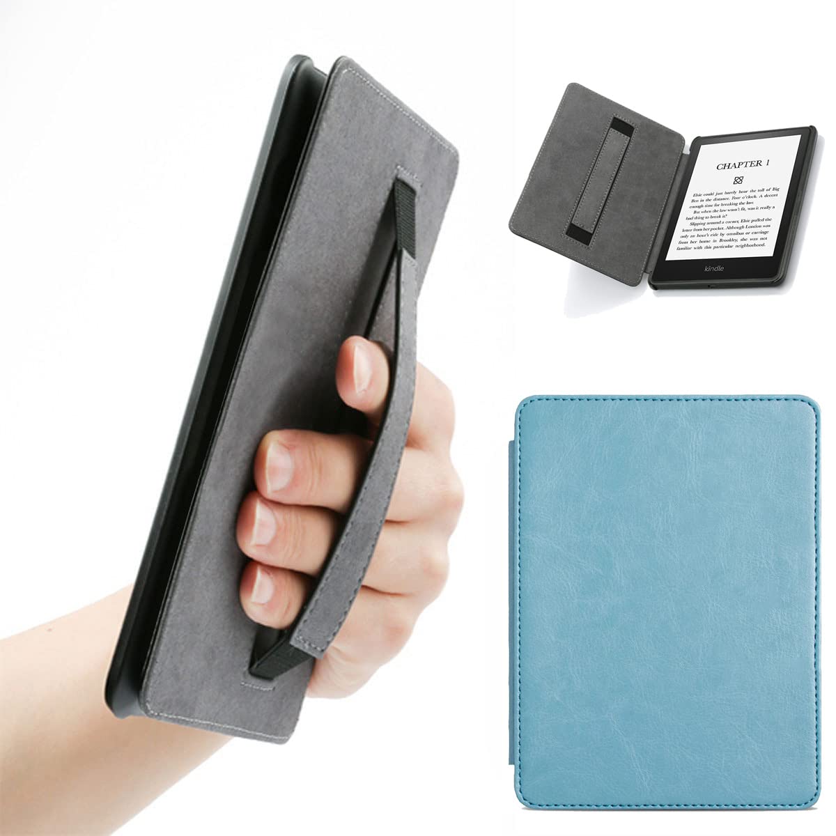 ISeeSeeCase for All-New 6.8" Kindle Paperwhite with Holding Signature Edition (11th Gen, 2021 Release) PU Leather Book Cover with Auto Wake/Sleep Sky Blue