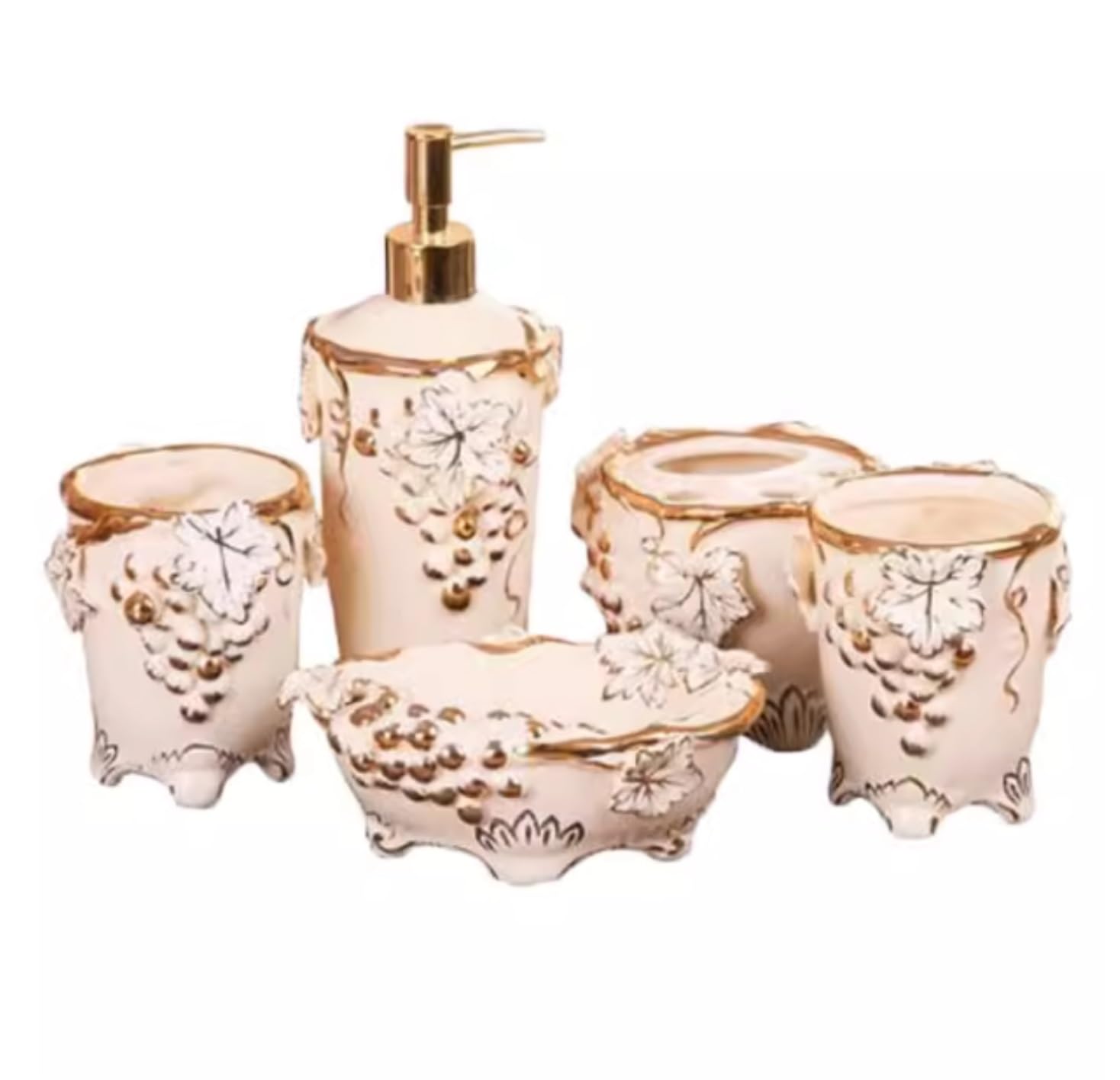 Set Dispensador Jabón Juego De 5 Accesorios para Baño, Jabonera, Botella Loción, Vaso, Soporte para Cepillo Dientes Baño