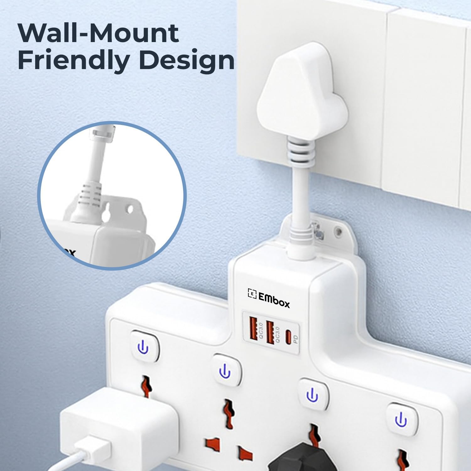 Embox 20W Multi Plug Adapter Type-C PD Fast Charging| Extension Board with USB C & Switches (QC3.0) | Multiplug Socket with 4 Universal Sockets 2Type-A & 1Type-C Ports | White 3