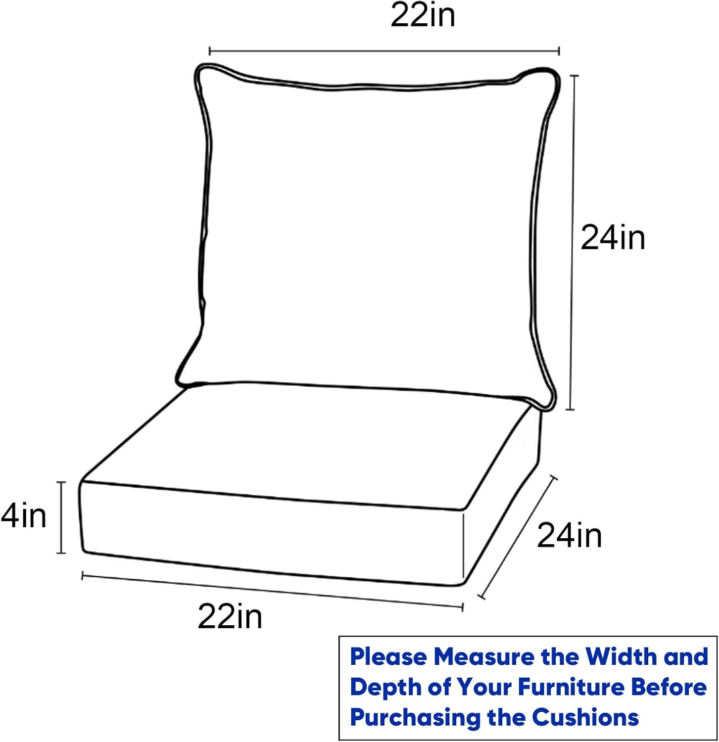 Rilyson Patio Cushions for Outdoor Furniture - 22×24 Inches High Back and Deep Seating Outdoor Cushion for Patio Chairs Sofa Couch Loveseat Water Resistant(Blue/2 Set/No Button)