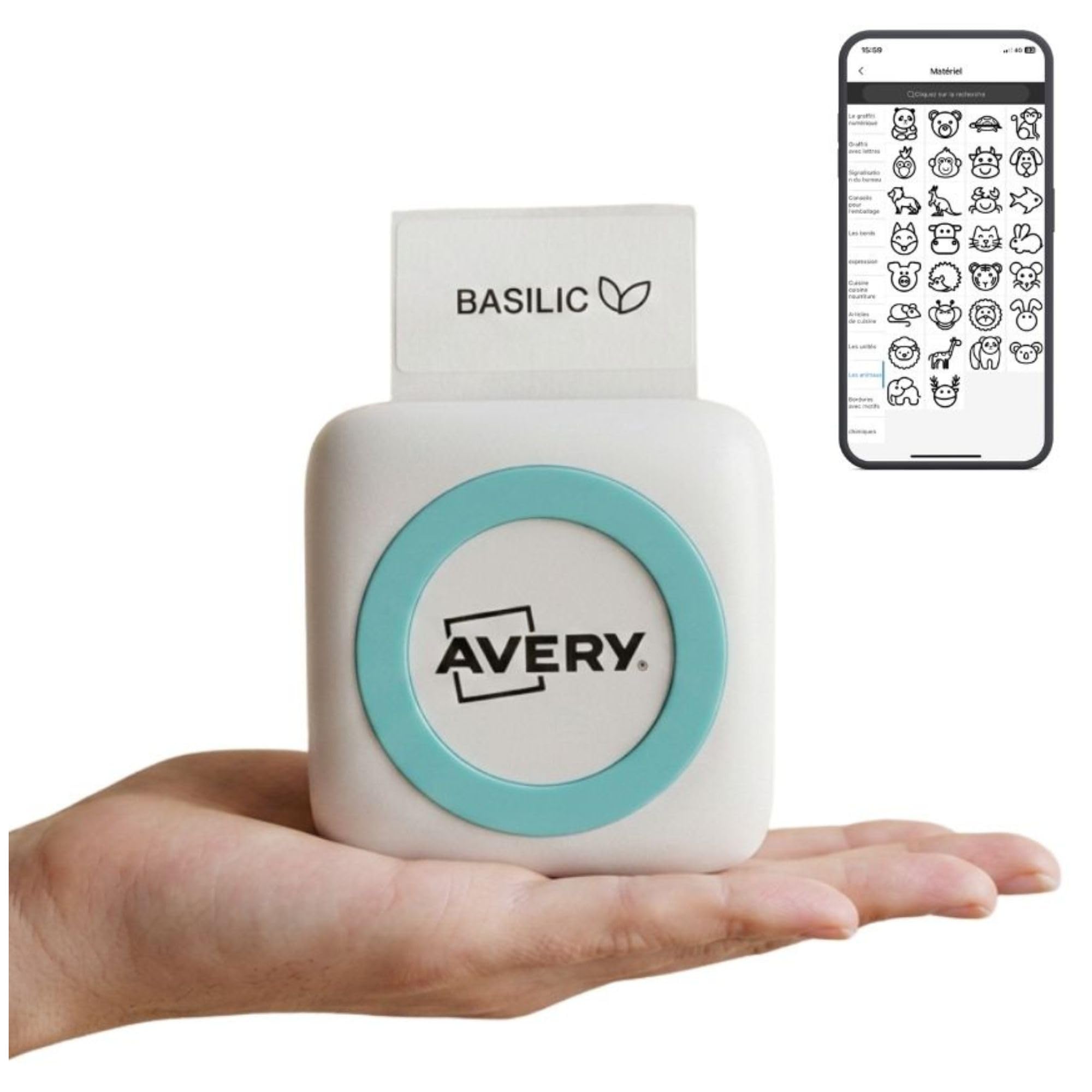 Avery Mini Imprimante Thermique Bluetooth BTPRINTER sans Encre Batterie Rechargeable USB-C 55x30 mm iLabel iOS Android