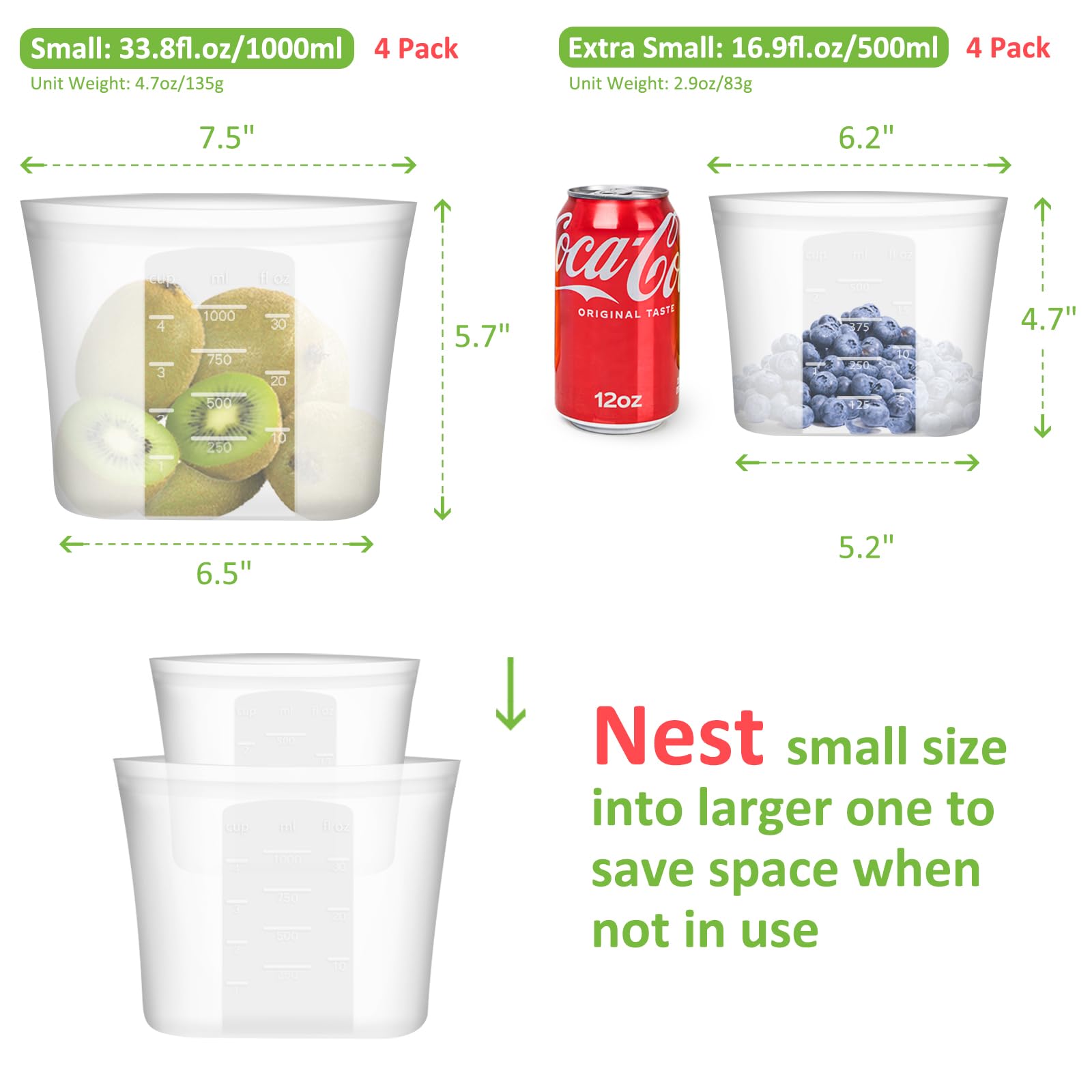 Sacchetti riutilizzabili per sandwich e snack, confezione da 8 sacchetti in 100% silicone con chiusura a zip, per contenitori per alimenti, congelatore, microonde, forno a lavastoviglie, 4