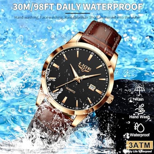 Image of LIGE Fashion Mans Wristwatch Date Luminous Dress Watch for Man Stylish Waterproof Quartz Wrist Watch Stylish Leather Watches for Men