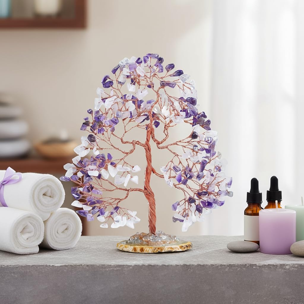 Crocon Árbol de Piedras Preciosas de Cuarzo Rosa y Amatista con Base de ágata geoda, árbol de la Vida de los Chakras Hecho a Mano, Piedra curativa para el Amor incondicional, sabiduría Espiritual