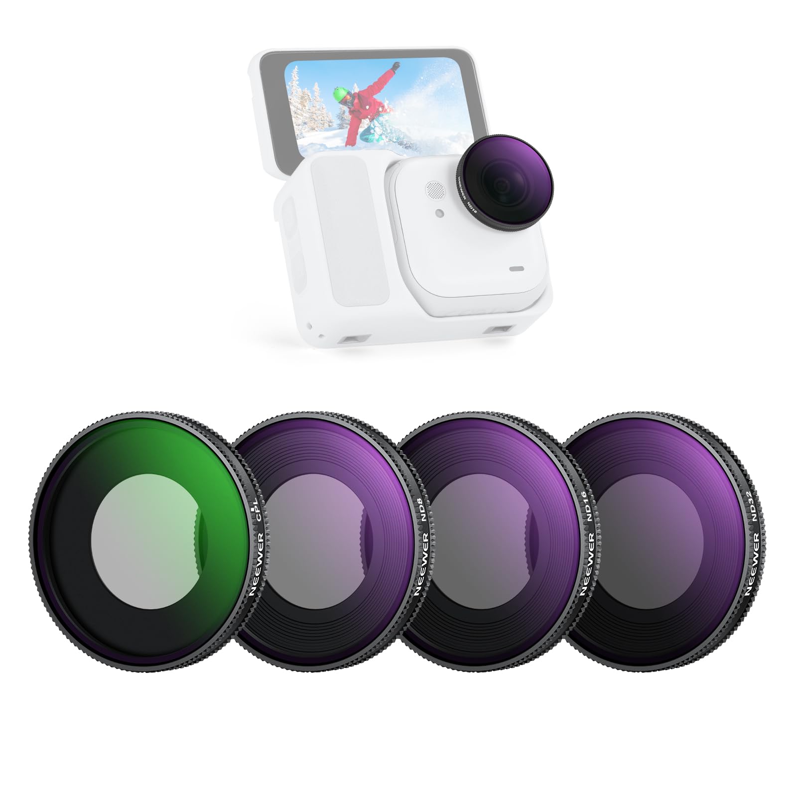 NEEWER ND Filter Set Compatible with Insta360 GO Ultra (CPL/ND8/ND16/ND32), Screw On Circular Polarizer Neutral Density Lens Filter HD Optical Glass Slim Frame Action Camera Accessories, FL-C51