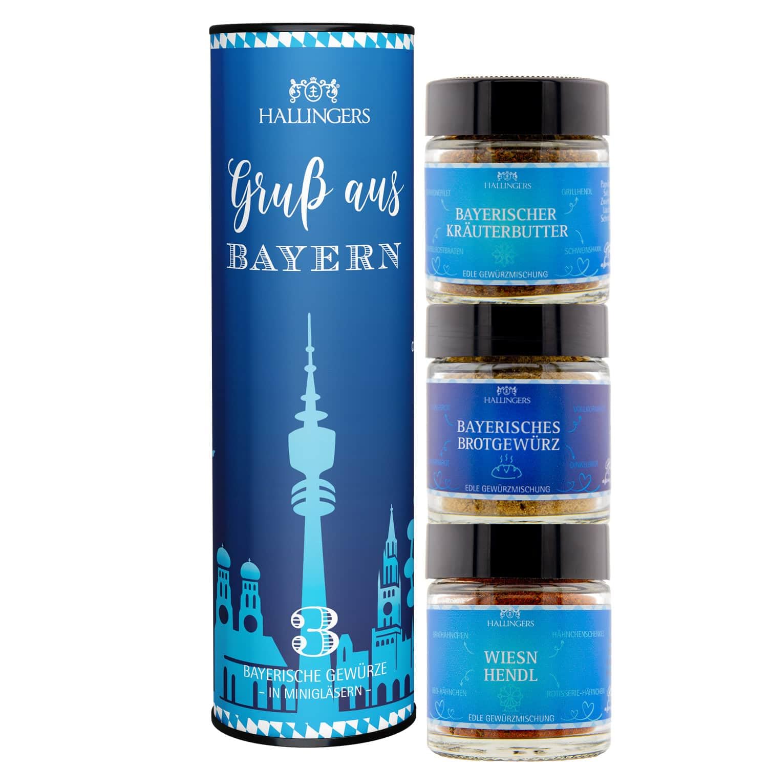 Hallingers Genuss Manufaktur Gewürz Geschenk-Set - 3 Gewürze aus aller Welt als Probierset in wertiger Geschenk-Dose "Gruß aus Bayern", Geschenkidee für Frauen Männer