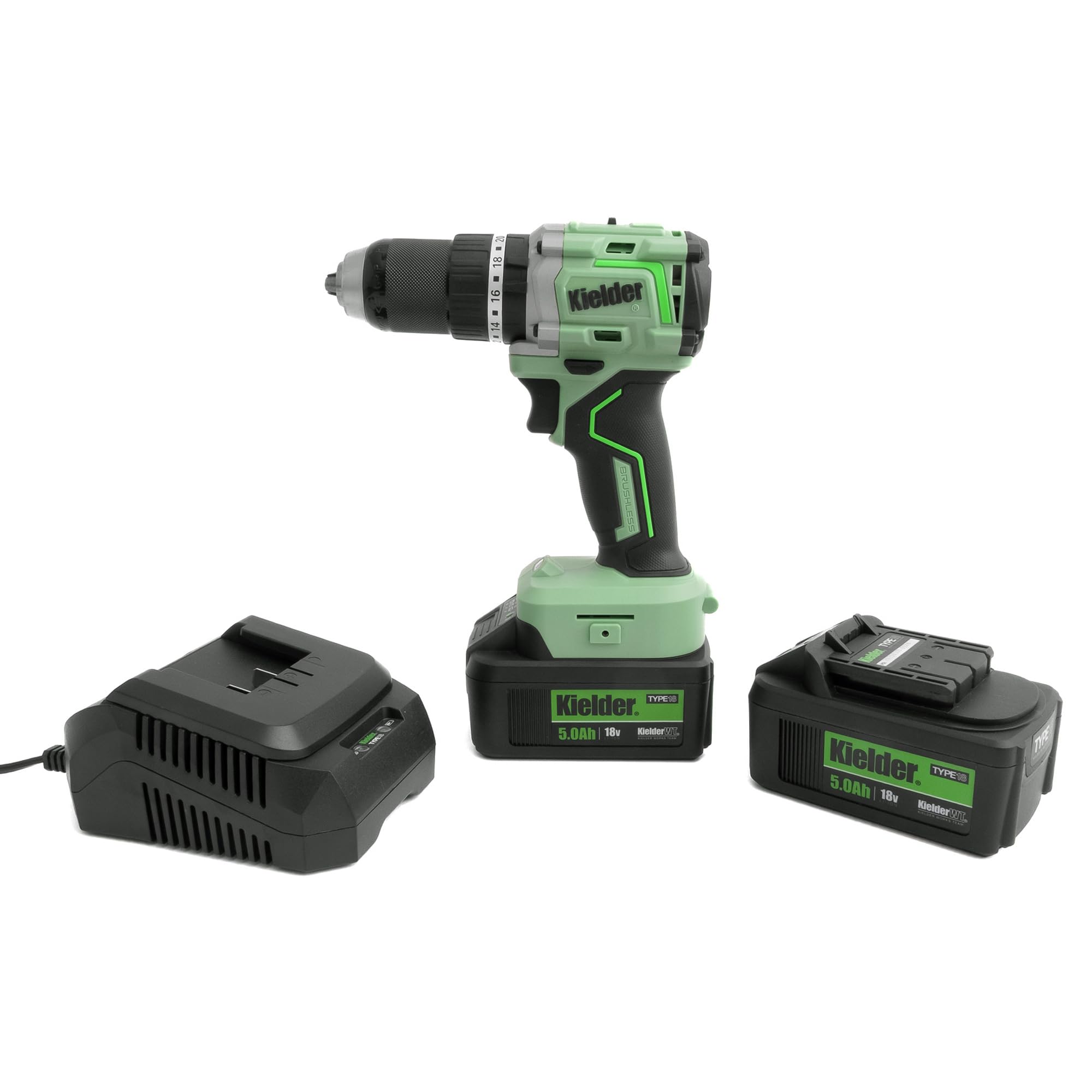 Kielder KWT-020-05 TYPE18 18v 13mm 75Nm Ultra Compact Combi Drill Kit, 2 x 5.0Ah Batteries, Charger, Belt Clip & Pro Carry Case