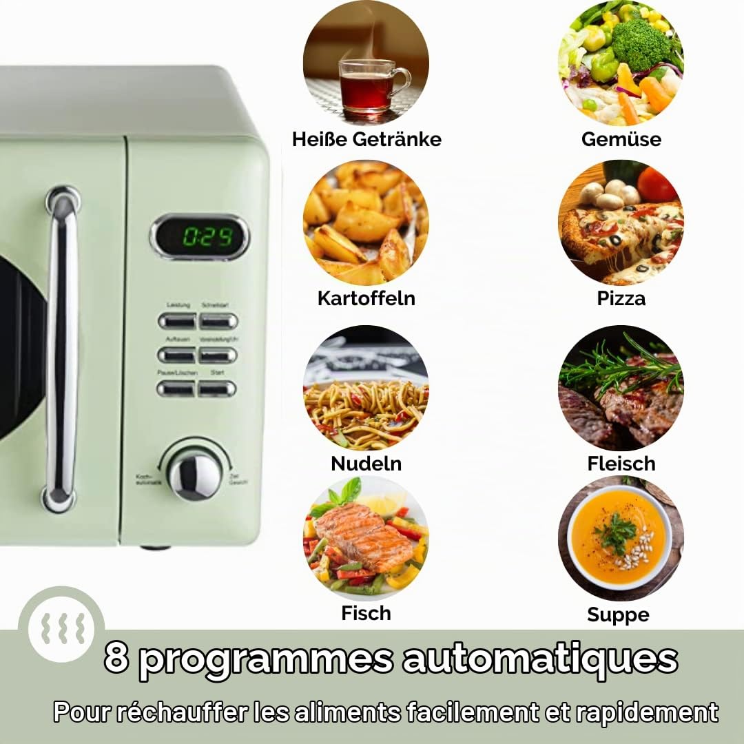 Wolkenstein Micro-ondes rétro WMW720 - Puissance de 700 W - Compartiment de cuisson de 20 l - Niveaux de puissance I5-8 programmes de cuisson - Fonction décongélation - Boîtier en métal - Plateau