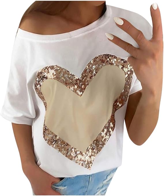 Amazon カットソー レディース Tシャツ 半袖 ハート 可愛い スパンコール ファッション 着痩せ 人気 トップス 少女 オシャレ シャツ 快適トレーナー おしゃれ カジュアル Tシャツ ラウンドネック 通学 お出かけ 部屋着 普段着 Tシャツ カットソー 通販