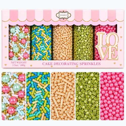 Confect Sprinkles – 5 Pack Assorted Cake Decorating Mix (Hot Pink & Ivory Pearl Dragees, Champagne Gold & Blue Jimmies, Green Sparkling Sugar) – Festive Edible Toppings for Cakes, Cupcakes, Cookies – Vegan, Gluten-Free, Nut-Free, Soy-Free, Dairy-Free - 5 Oz