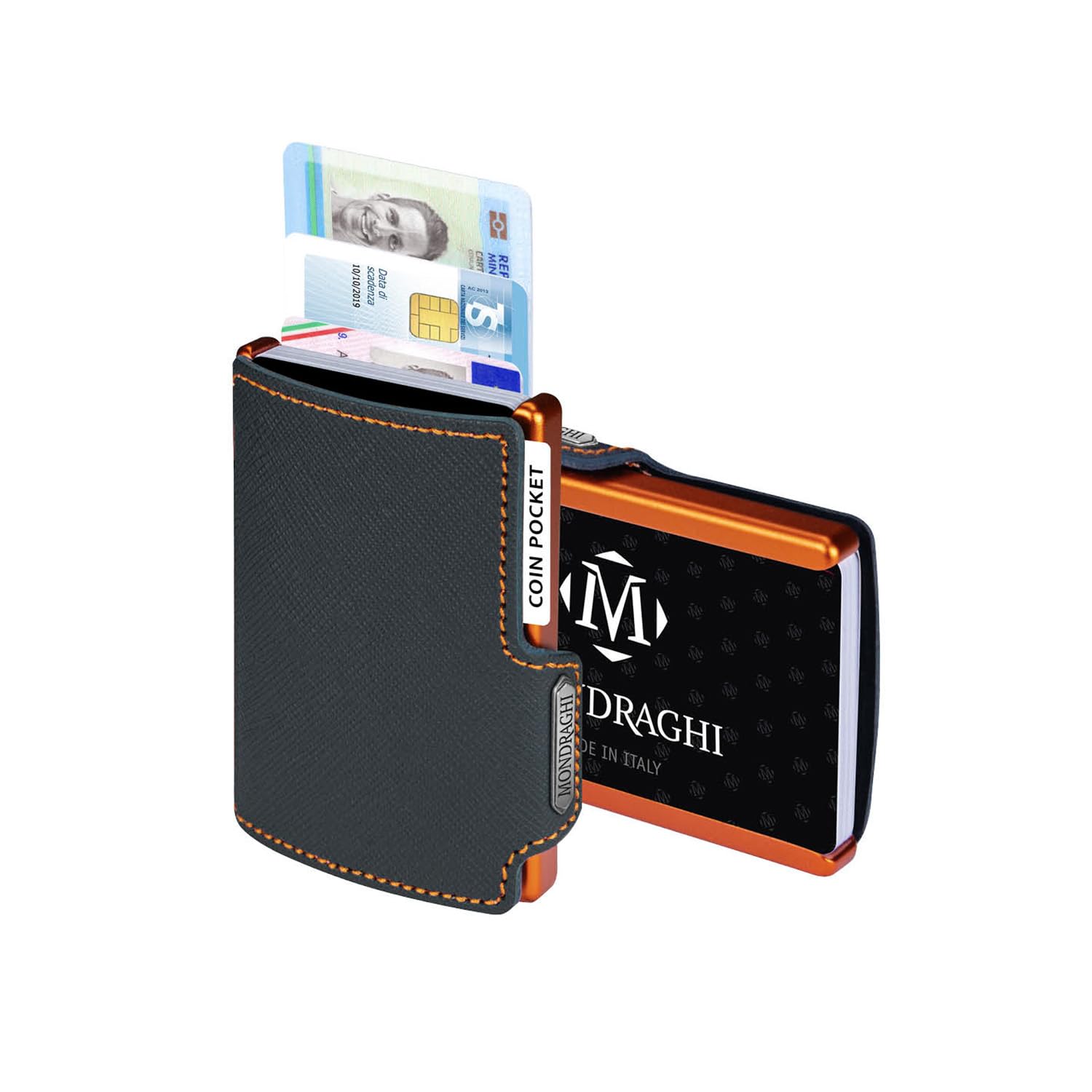 MONDRAGHI Saffiano Plus Blue - Mini Portafoglio Donna Slim con Protezione RFID | Pelle Saffiano Antigraffio | Portamonete Integrato Elegante Blu