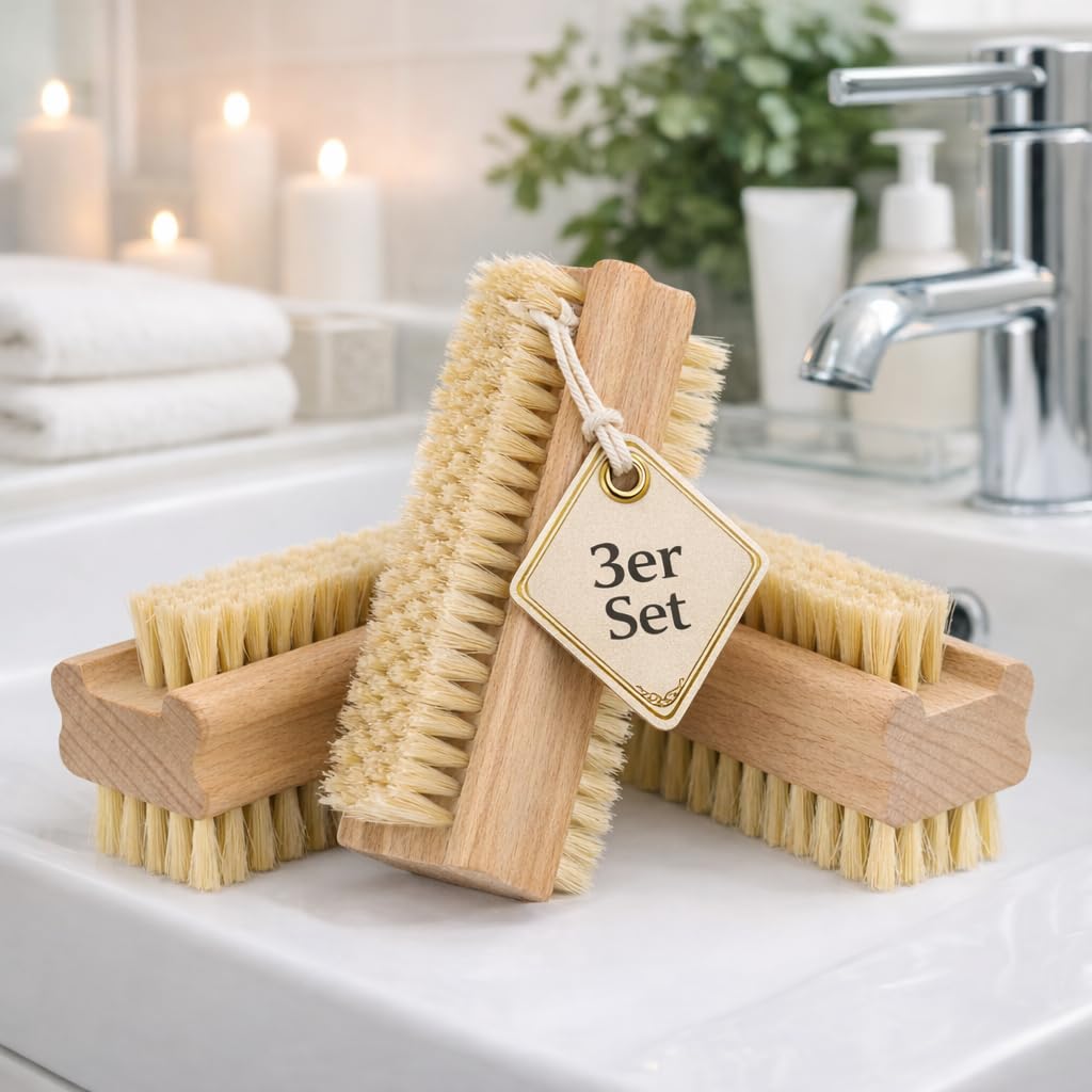 MC-Trend - Set di 3 spazzole per unghie e mani in legno, con setole naturali dure e morbide, senza plastica e vegano, Made in Germany