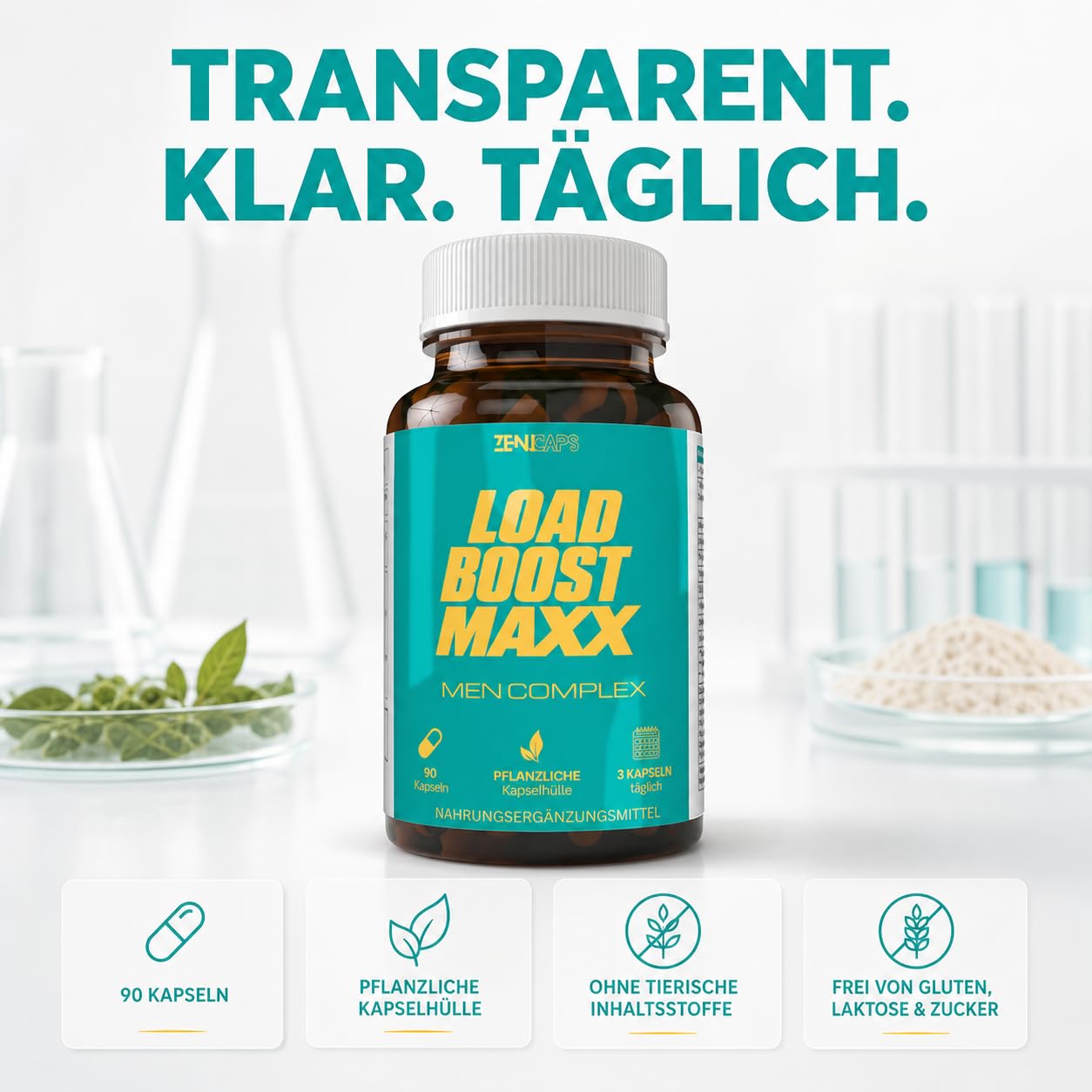 Load Boost Maxx Men Complex Kapseln – mit L-Arginin, Maca, Tribulus, Ashwagandha, Ginseng, Zink, Selen, Magnesium, B6 & B12 – 90 vegane Kapseln, 3 täglich