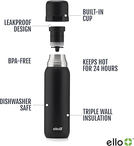 Miniatura 3 de Ello Therma - Termo aislado de acero inoxidable de 32 onzas para bebidas calientes y frías, con tapa a prueba de fugas y taza integrada, aislamiento