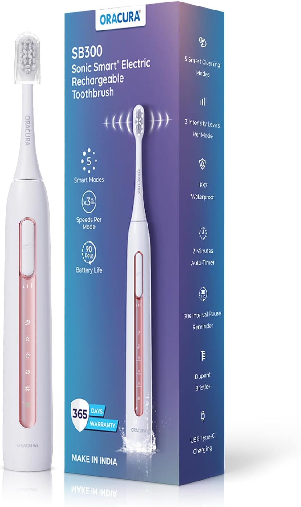 SB300 Sonic Smart Electric Rechargeable Toothbrush – 36,000 Strokes/Min – 5 Modes & 3 Intensity Levels – 2-Min Auto Timer – 90-Day Battery – 1 Year Warranty (Peach)