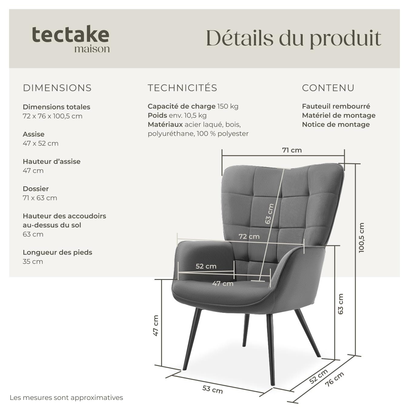 tectake® Fauteuil Relax Confortable en Velours côtelé Fauteuil Scandinave Moelleux avec Accoudoirs & Dossier Ergonomique pour Salle à Manger, Salon, Chambre, Siege Bureau, Allaitement Gris/Noir