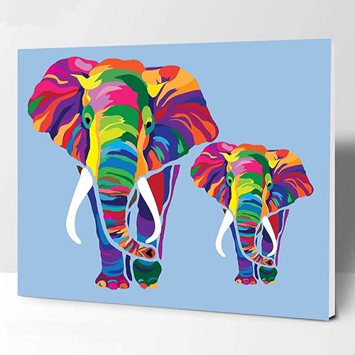 Elftoyer Pintura por números para niños, adultos y principiantes, kits de regalo de pintura en lienzo para decoración del hogar, elefantes coloridos