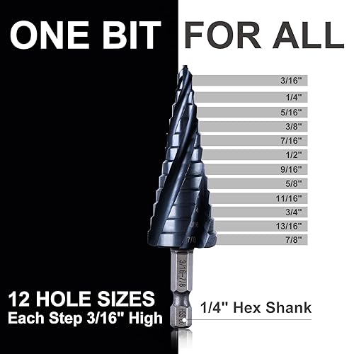 Miniatura 6 de Broca escalonada para metal, 316 a 78 pulgadas, cuatro brocas en espiral, cobalto, 12 pasos, vástago hexagonal de 14 de pulgada para acero