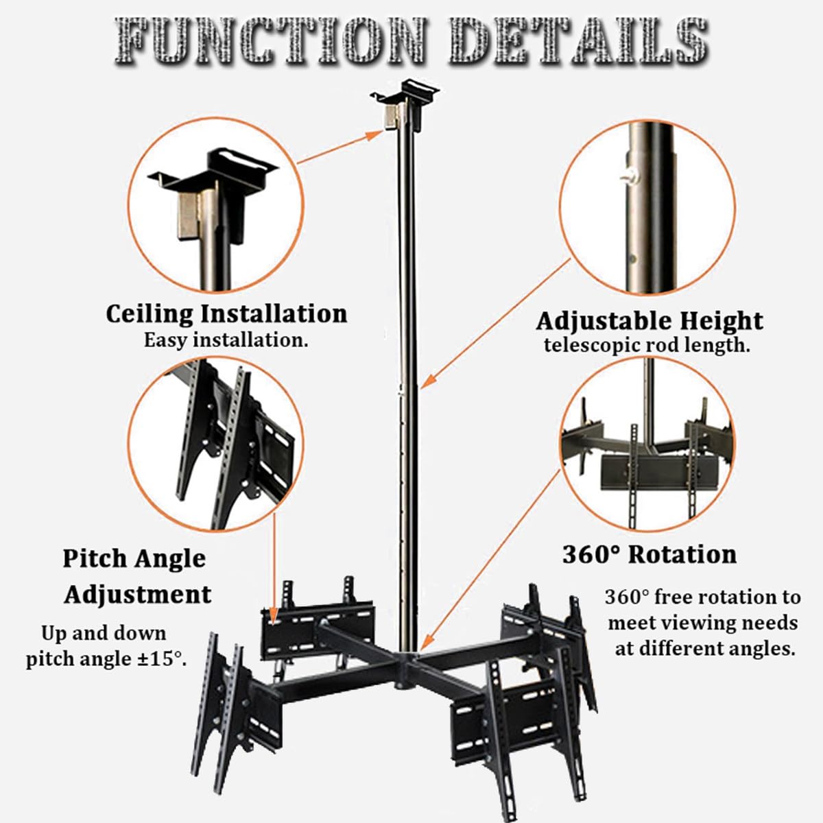 Soporte de TV de techo para 3 o 4 pantallas, compatible con la mayoría de televisores de 32 a 75 pulgadas, soporte de TV de techo ajustable y giratorio de 360°,4screen