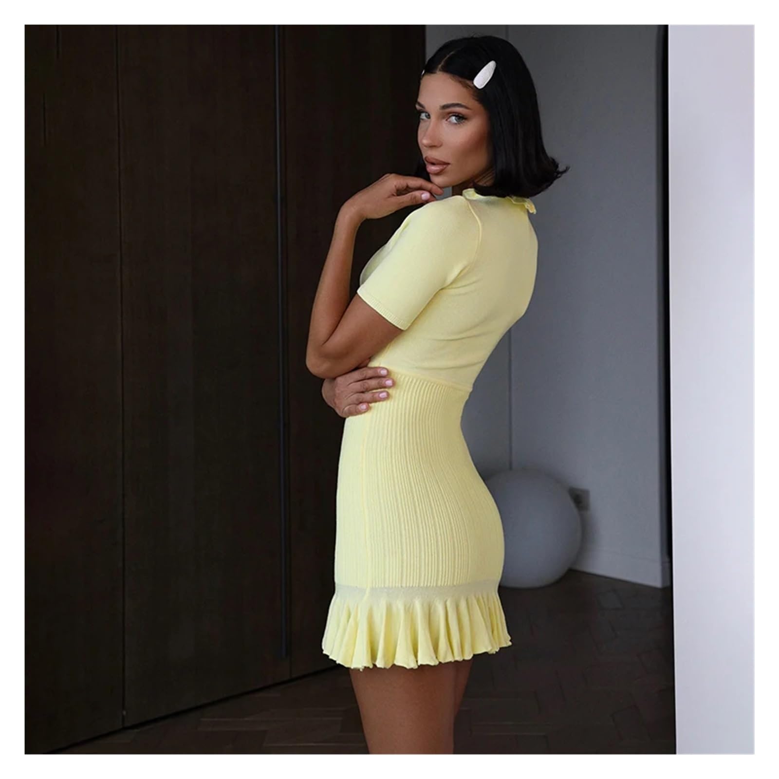 Vestido Deportivo Vestido Mini de Punto con Volantes for Mujer, Vestido Verano Encaje, Cintura Alta y Manga Corta Vestido Padel Mujer(Yellow,L)