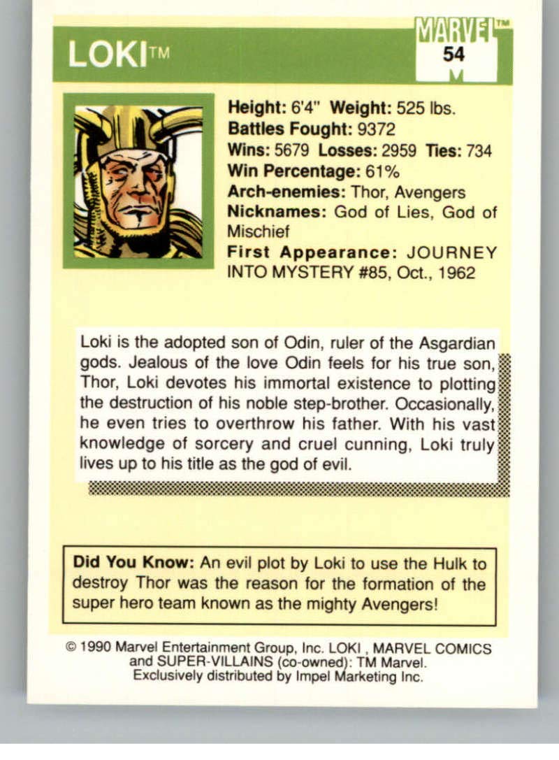 1990 Impel Marvel Universe #54 Loki Non Sport Entertainment Trading Card in  Raw (NM or Better) Condition at Amazon's Entertainment Collectibles Store