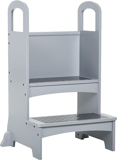 HOMCOM Kids Wooden Step Stool Kitchen Helper w/ Non-Slip Panels Handles Child Toddler Home Help 3 - 8 Yrs Grey
