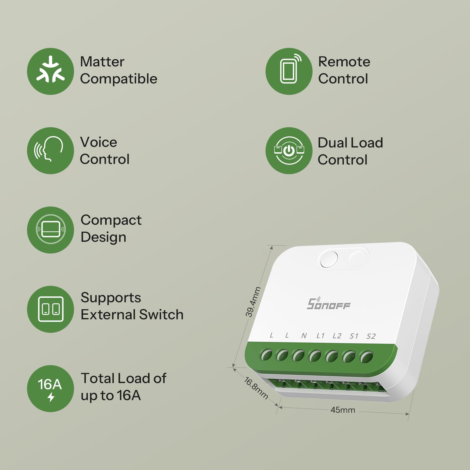 SONOFF MINI DUO（Matter przez WiFi） Przełącznik Inteligentny WiFi 2-Kanałowy, Współpracujący z Matter, Całkowite Obciążenie 16A, Kompaktowy na Pudełka Standardowe, Sterowanie Zdalne i Automatyczne