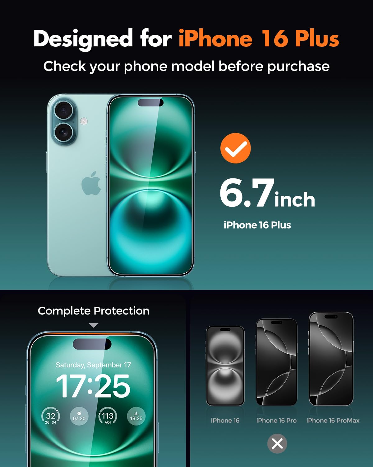 UNBREAKcable 3-pak ochraniaczy ekranu do iPhone'a 16 Plus, podwójne nietłukące się szkło hartowane [łatwa ramka montażowa] [twardość 9H] [99,99% HD Clear] [Przyjazny dla etui] dla iPhone'a 17.0 cm