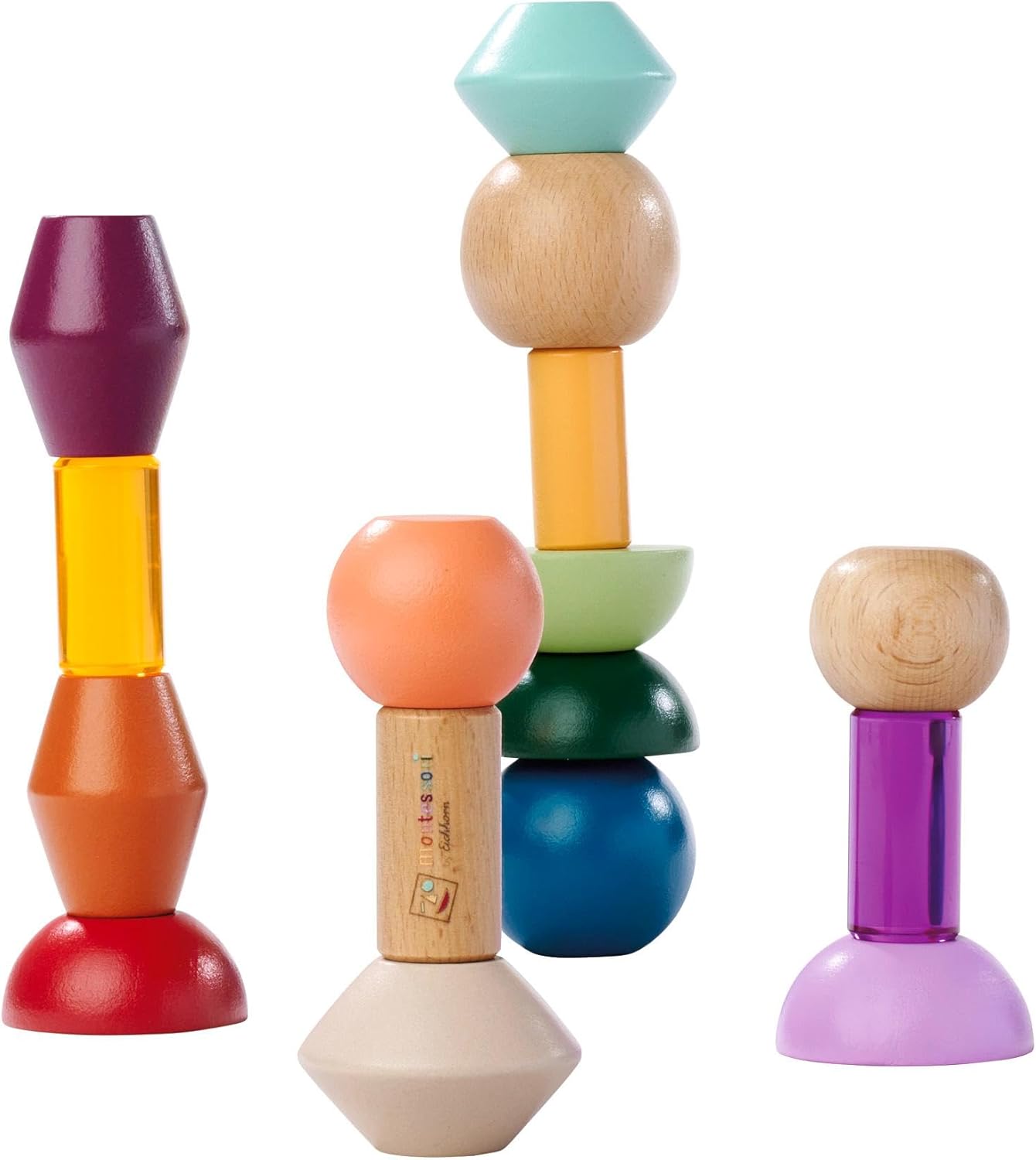 Montessori – 16 Stack Beads for Creative Building, Special Geometric Building Blocks Made of Wood and Acrylic, Various Learning Objectives, Made from 100% FSC Certified Birch & Beech Wood